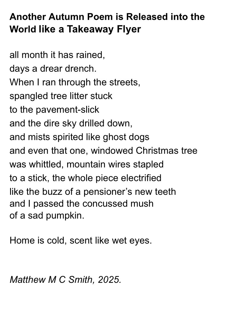 A new #poem wot I wrote this morning in celebration of #Autumn for the lovely weekly event that happens to be <a href="/TopTweetTuesday/">TopTweetTuesday</a> 

‘Another Autumn Poem is Released into the World like a Takeaway Flyer’  🍂 🌧️