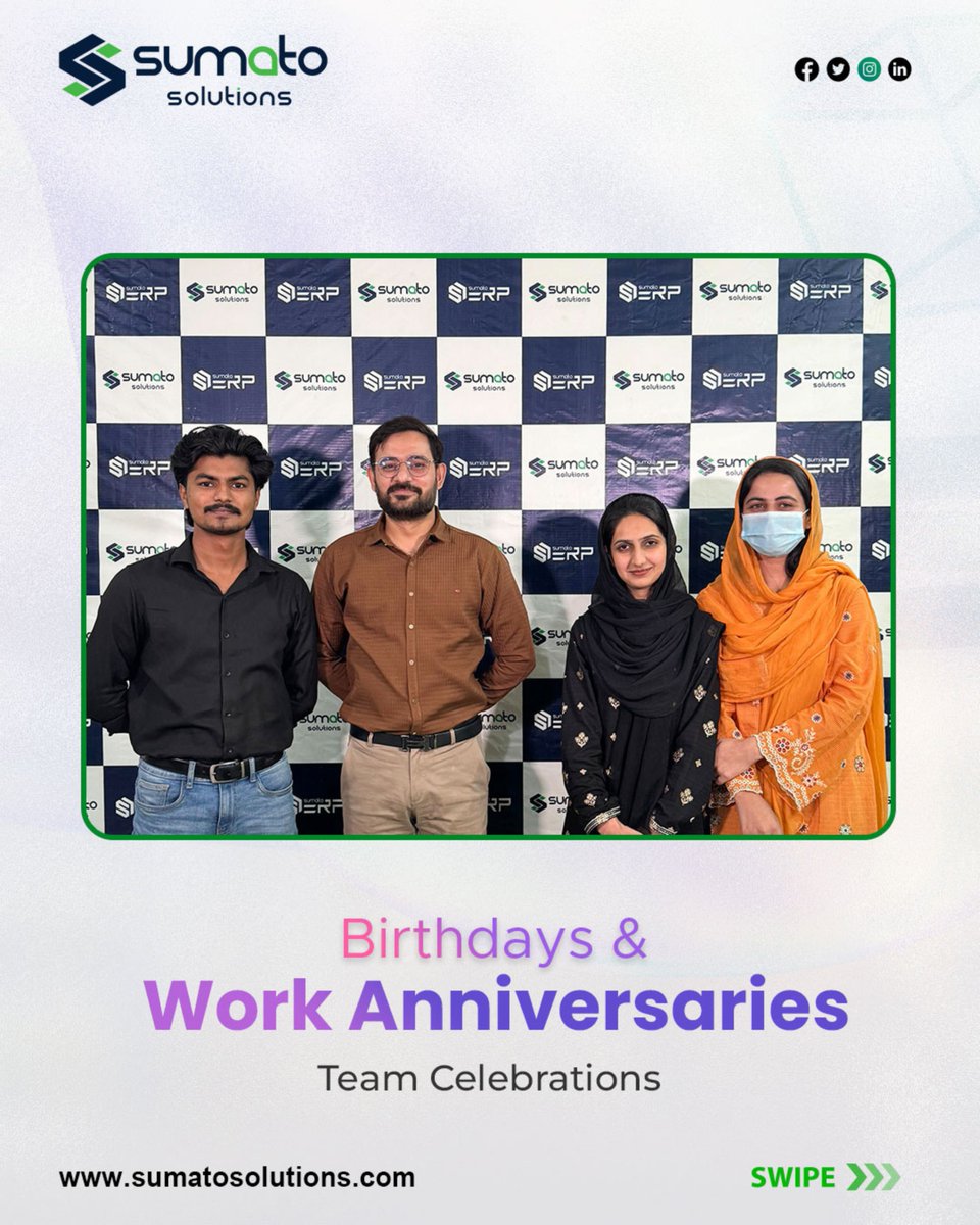 SumatoSolutions's tweet image. Every milestone matters!

We celebrated Arooj Suleman, Asim Jahangir &amp;amp; Esrar Ahmad for their work anniversaries and wished Aniqa Yousaf a happy birthday!

It’s our people who make every moment shine.

#SumatoSolutions #TeamCelebration #WorkAnniversary #OfficeBirthday