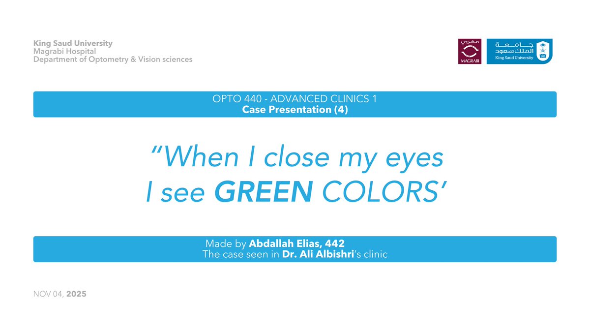 OptoAbdallah's tweet image. السنة الأخيرة في التخصص ليست فقط للمشاريع والاختبارات، بل للإبحار في عالم عروض الحالات الإكلينيكية 👁️

قدَّمت حتى الآن 4 حالات من عيادات مختلفة وتحت إشراف نخبة من الأطباء:

مستشفى مغربي: د. عبدالله عسيري، د. غزاي الثبيتي، د. علي البشري
مستشفى الدرعية: د. محمد التركي

رحلة تعلم…