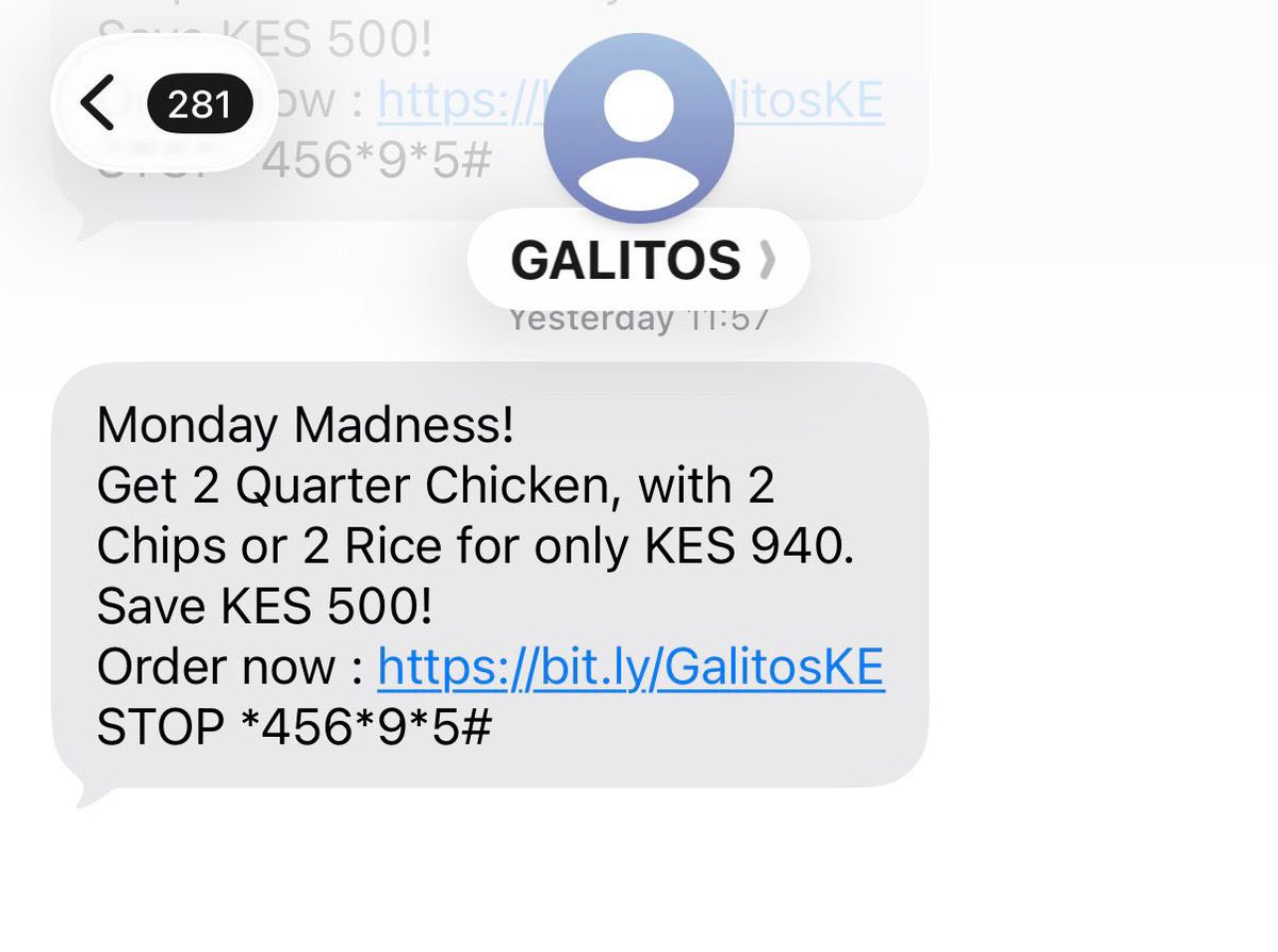 C_NyaKundiH's tweet photo. Again I ask, @CA_Kenya , when I pay with M-Pesa, must my phone number be revealed in full? Why can’t a few digits be masked?
This is Galitos texting with offers. People are only trying to pay, not subscribe to marketing sh****t.
@Mugonyid and team, can we just get clear rules on data minimization?