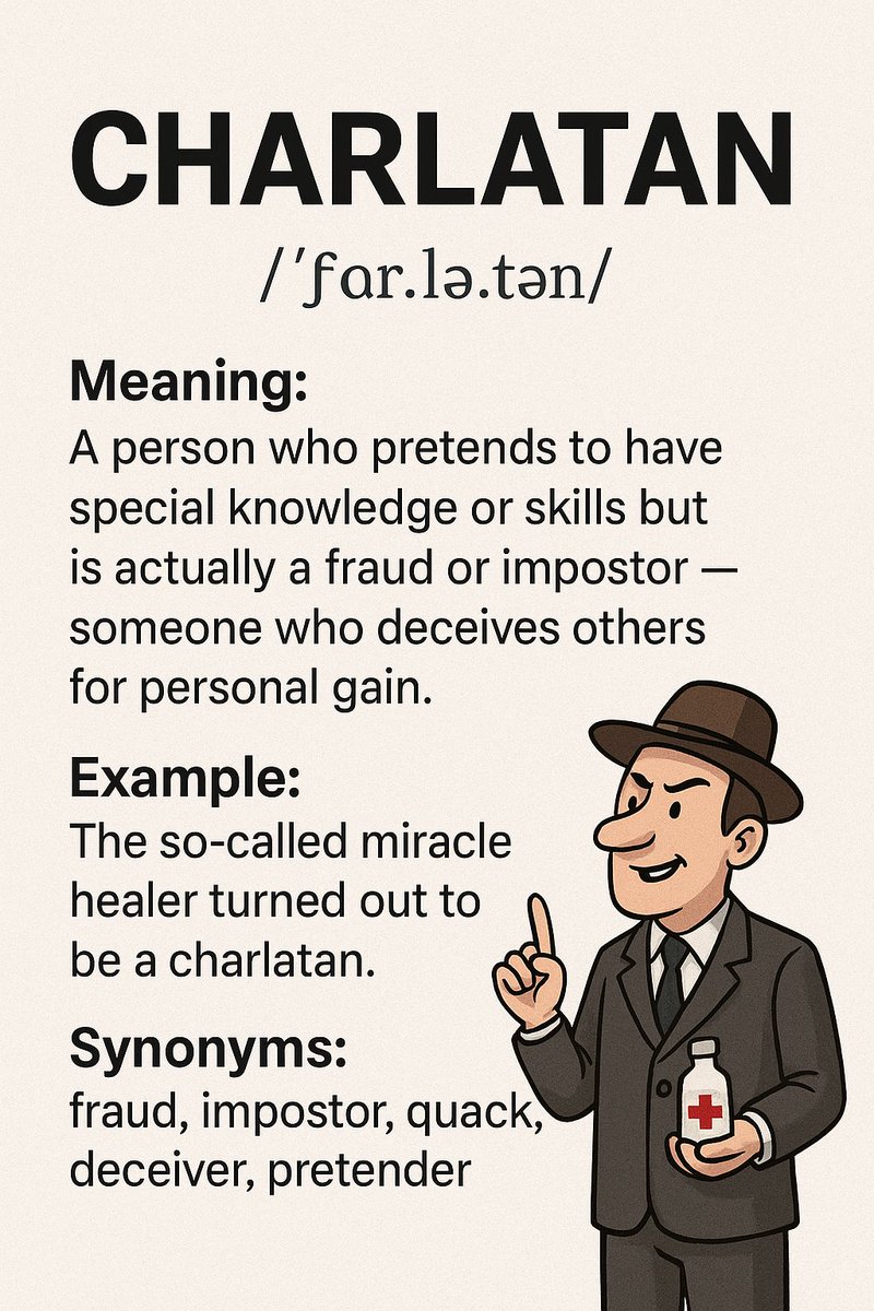 Jyothi_esl's tweet photo. Reminded of this word after the #Dhamendra episode on media today..
Etymology:
From Italian ciarlatano — “a babbler, quack,” from ciarlare meaning “to chatter.”
Originally used for people who sold fake cures by talking cleverly! 🗣️💰
#LearnEnglish https://t.co/KjDpLzj0xi