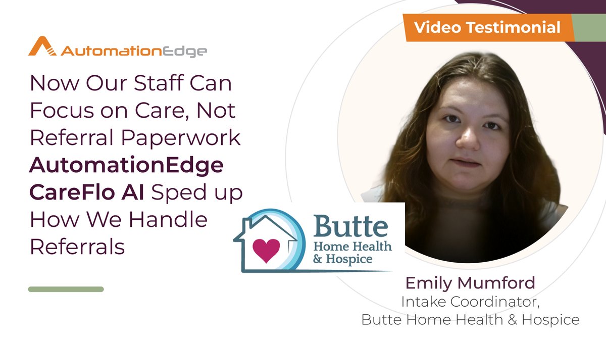 AutomationEdge's tweet photo. CareFlo AI helped us cut referral processing time from hours to just minutes, said Emily Mumford, Butte Home Health &amp; Hospice
Hear how AutomationEdge CareFlo AI is transforming referral management for home care. Watch below

https://t.co/Maext1hqh8 https://t.co/kwnOWNaq3C
