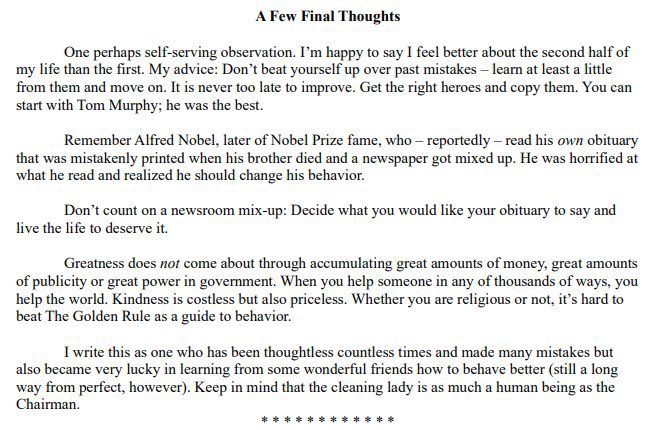 Surat perpisahan Warren Buffet kepada para pemegang saham Berkshire.

Kata-kata paling powerful-nya ternyata bukan nasihat investasi, melainkan ini: 

"Keep in mind that the cleaning lady is as much a human being as the Chairman."

$IHSG