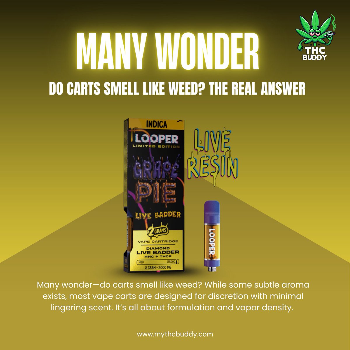 mythcbuddy's tweet image. Do Carts Smell Like Weed? The Real Answer
Many wonder—do carts smell like weed? While some subtle aroma exists, most vape carts are designed for discretion with minimal lingering scent. It’s all about formulation and vapor density. 
#VapeTips #THCEducation #MyTHCBuddy #VapeSmart