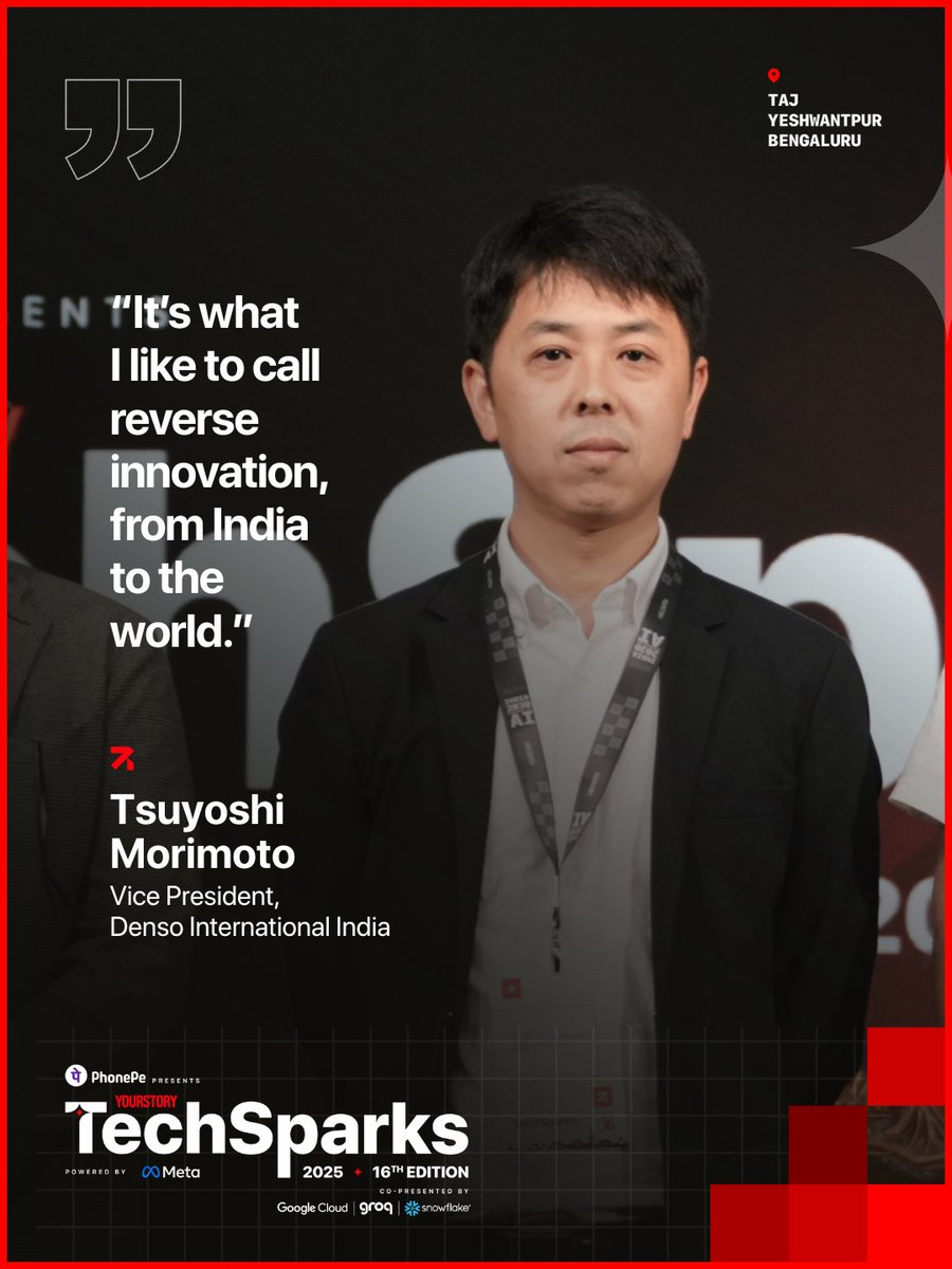 _TechSparks's tweet image. At #TechSparks2025, Tsuyoshi Morimoto, VP at Denso International India, said Japan is betting big on Indian talent. Four of the company’s five new applications are being built entirely in India, before expanding to global markets.

@YourStoryCo