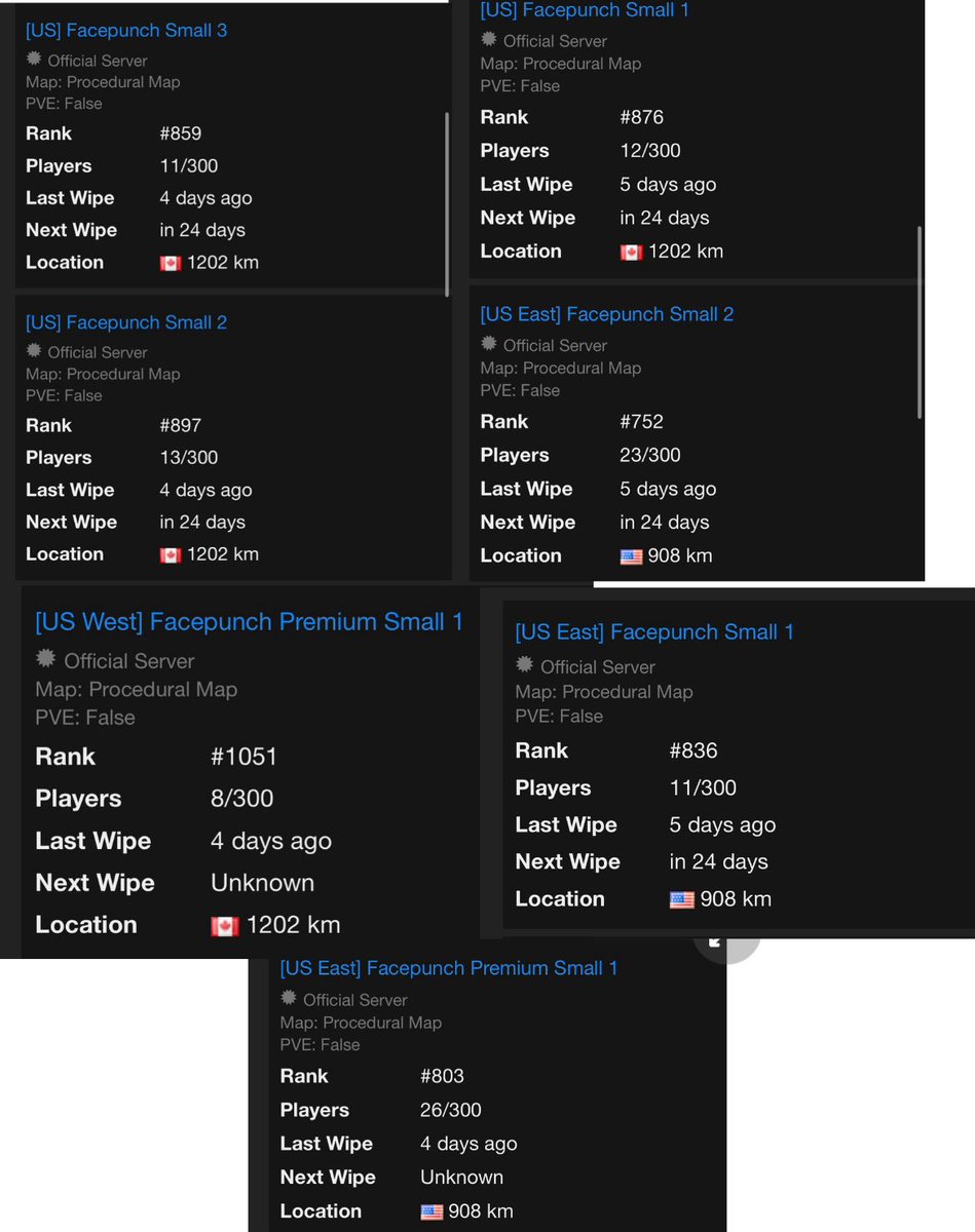Raiderr1K's tweet photo. So there’s actually SEVEN facepunch small servers that all struggle to get above 20 pop lets eliminate 5 and actually get some small map servers to play @playrust https://t.co/qpkA4Qw5fl