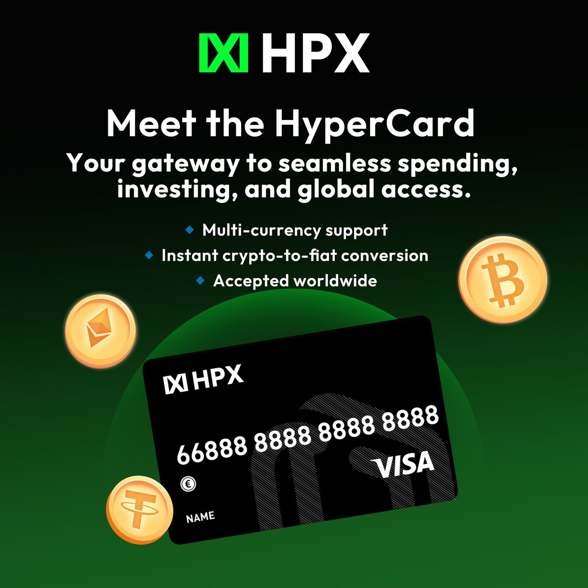 Hpx_Official's tweet photo. Meet the HyperCard 💳
Your gateway to seamless spending, investing, and global access.
🔹 Multi-currency support
🔹 Instant crypto-to-fiat conversion
🔹 Accepted worldwide
#HyperCard #Web3 #Hyperlife https://t.co/lej2hdGfoJ