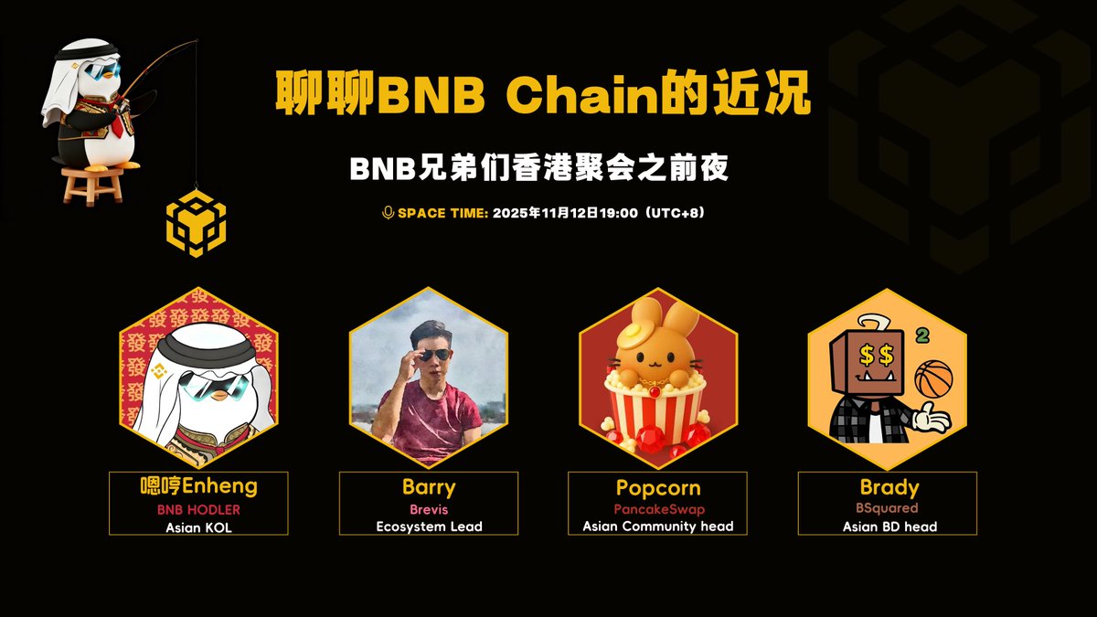 EnHeng456's tweet image. 11月12日 19:00（UTC+8）我会和 @brevis_zk、@PancakeSwap、@BSquaredNetwork 一起聊聊 BNB Chain 的近况

像最近大家都在问的：Pancake 和 Brevis 联手，散户到底该怎么参与？稳定币现在还“稳定”吗？Pancake 团队还在养老吗？…