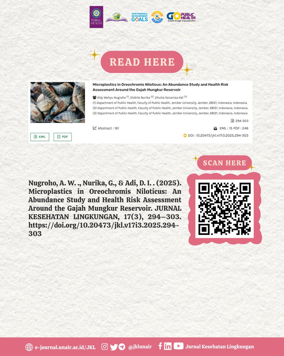 [ENVIRO FACTS]

🐟 Are the Fish We Eat Putting Us in Danger? ♻️

For more details, visit the full article here:
doi.org/10.20473/jkl.v…

#microplastic #healthrisk #journal #publichealth #environmentalhealth #freepublicationcharge #jurnal #kesehatanmasyarakat