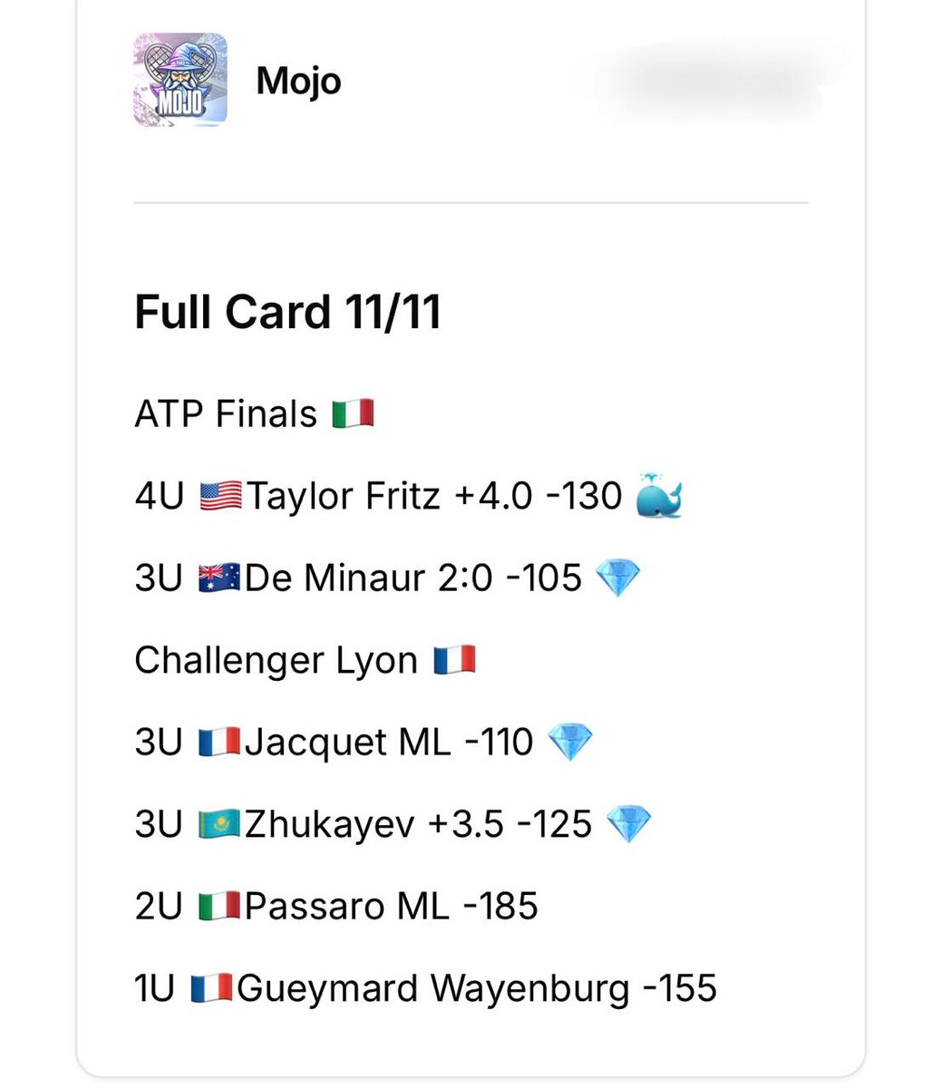 allcappersfreee's tweet image. Early Tennis plays for 11.11.2025‼️🔥
#NewmarkTennis
#Mojo

#MatchPointBets

Kenta Miyoshi +3.5 -110 4U
Kenta Miyoshi +180 1U
Boulais + Lajal Parlay 4U
Boulais + Monday Parlay 4U
Zhukayev +3.5 -120 3U
