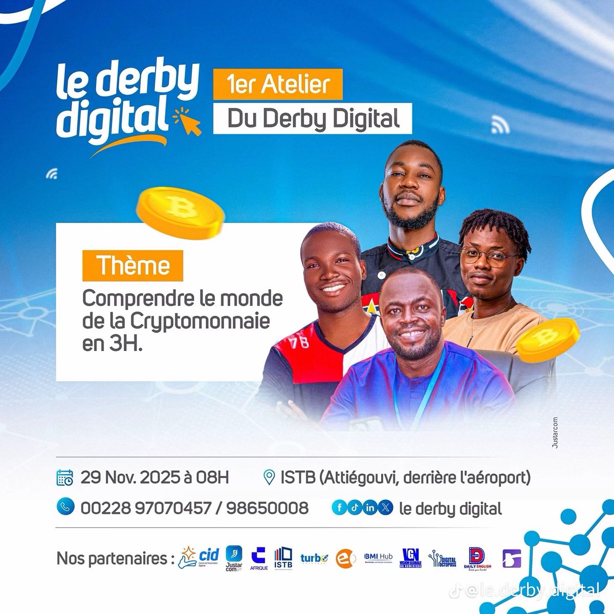 Shabal_officiel's tweet photo. Le tout premier atelier du Derby Digital est enfin là !

Après un lancement mémorable en septembre, le Derby Digital revient avec une nouvelle étape : apprendre, comprendre et expérimenter.

Thème : Comprendre le monde de la Cryptomonnaie en 3H chrono.

Nos intervenants t’aideront à démystifier cet univers fascinant du Web 3 et à poser les bases pour saisir les opportunités réelles qu’il offre.

Rendez-vous le 29 Novembre 2025 à 08h à ISTB (Attiégouvi, derrière l’aéroport)

Inscris-toi dès maintenant ici : https://t.co/jZzhobPs4g

#DerbyDigital #Web3 #CryptoTogo #Innovation #FormationDigitale #DerbyDigitalAtelier #CryptoEducation