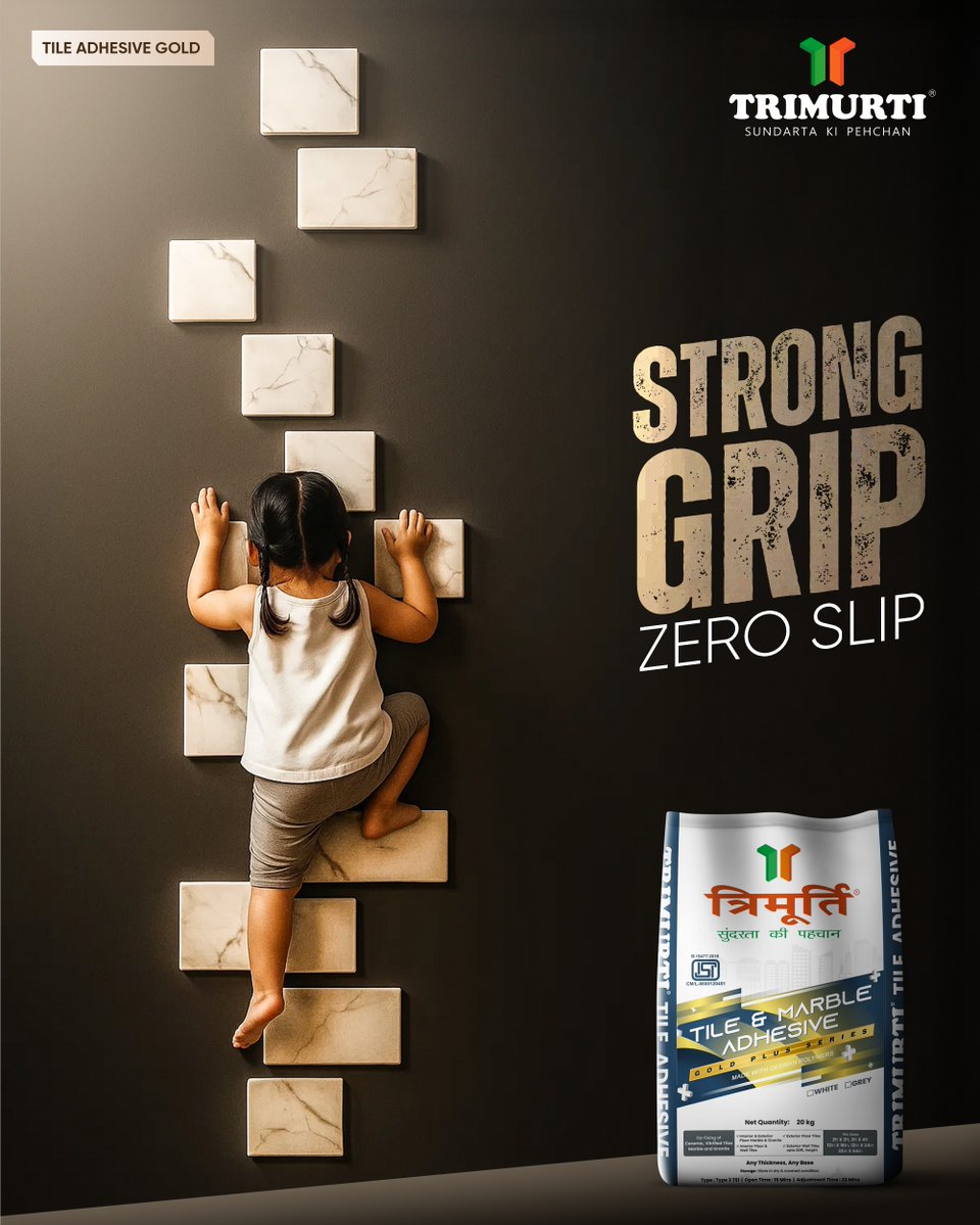 Trimurtiproduc's tweet image. Tiles that don’t just stick they stay. With Trimurti Tile &amp;amp; Marble Adhesive, experience superior bonding strength, zero slippage, and a flawless finish that lasts through time.

[ TrimurtiProducts TileAdhesive MarbleAdhesive HighPerformance Adhesive PremiumQuality ]