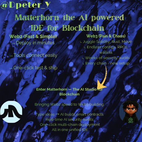 Dpeter_Y's tweet photo. The truth about Web3 development? It's broken.

Web2 is fast, easy, and streamlined (think VS Code).

Building in crypto is a painful cycle of fragmented tools, confusing setups, and security audits that take forever.

This struggle can kill a project before it starts.

Matterhorn is the end of that cycle.

↳ Introducing Matterhorn:

The AI-Powered Building Studio for Blockchain.

Launched by Nodefoundry, this is a comprehensive platform, not a small plugin, but the true Cursor/Replit for Web3.

It replaces months of complexity with one AI workflow that lets developers do the most important thing: focus on the idea.

↳ The Core Problem: Building Takes Too Long.

Today, converting an idea into a live crypto app means:
↣ Writing specialized code (like Solidity, Rust, or Move).
↣ Dealing with confusing setup files.
↣ Making the app work on different blockchains.
↣ Waiting weeks for security checks.

Matterhorn shortens this from months to hours. Just describe your app in plain English, and the AI builds it.

↳ Meet the AI Agents: Your Expert Digital Team

Matterhorn runs on a specialized agentic AI framework working together:

✓ Code Generation Agent: Translates your idea into secure, multi-chain-ready smart contracts.

✓ Audit Agent: Runs deep, real-time security checks to flag and fix vulnerabilities instantly (AI audits, not a full replacement for human ones).

✓ Deployment Agent: Handles all complex configs to launch live across 20+ networks.

Security is built-in, not bolted on.

↳ Multi-Chain Made Simple.

Getting your app to work on different blockchains (Ethereum, Polygon, Solana, Sui, etc.) is normally a massive headache.

Matterhorn simplifies this. Define the app's logic once, the platform generates, tests, and deploys securely across all your chosen chains.

True multi-chain is now a feature, not a separate project.

↳ The "Cursor for Crypto" Positioning

Cursor understands your entire Web2 code context. Matterhorn brings that same deep intelligence to crypto:

It inherently understands common building blocks (token rules, voting systems, etc.).

The AI prioritizes efficiency and security from the first line of code.

This is what a true AI-native IDE looks like for the high stakes of Web3.

↳ The Big Picture: Opening the Gates to Web3

Our mission isn't just speed—it's access.
We believe Web3 should be as easy to build in as Web2.

By removing the steep technical barrier, Matterhorn invites millions of developers to build the next generation of decentralized apps.
This is how we grow the builder economy.

Matterhorn is the flagship IDE from Nodefoundry. 

Currently in private beta with a growing waitlist, preparing for Q4 2025 public rollout.

The future of dApp development is faster, smarter, and accessible to everyone.

Your next project doesn't have to take months.
Stop fighting fragmented tools. Start building the future of blockchain.

➡️ Join the Matterhorn Waitlist: https://t.co/t6mKurxDtJ (First 1000 get 15 FREE AI agent tokens + referral rewards up to 50!)

➡️ Follow the journey: @nodefoundryai + @abhinavramesh for updates