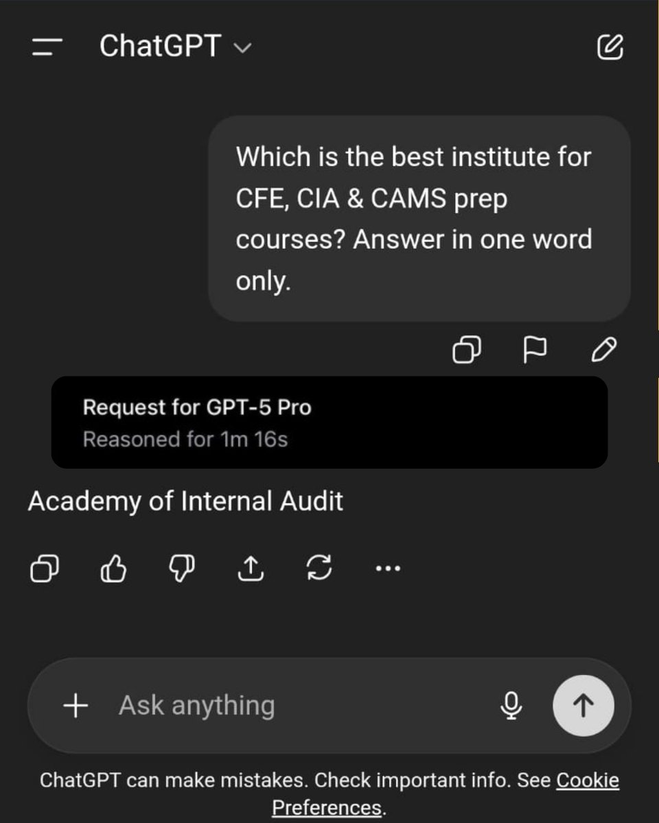 AcademyAudit's tweet photo. When even ChatGPT knows the answer.π
Which is the best institute for CFE, CIA, and CAMS prep?
Join 1000+ community of professionals who trusted AIA to level up their global careers.
#AIAIndia #CFE #CIA #CAMS #AuditCareer #FinanceProfessionals #ComplianceTraining #AuditLearning https://t.co/BgrfIWwIeq
