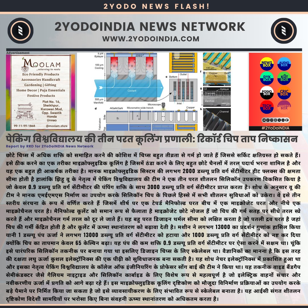 2yodoindia's tweet image. पेकिंग विश्वविद्यालय की तीन परत कूलिंग प्रणाली: रिकॉर्ड चिप ताप निष्कासन | Peking University&apos;s 3-Layer Cooling System: Record Chip Heat Dissipation

#2YoDoINDIA #Microfluidics #Electronics #CoolingTechnology #Semiconductors #Innovation