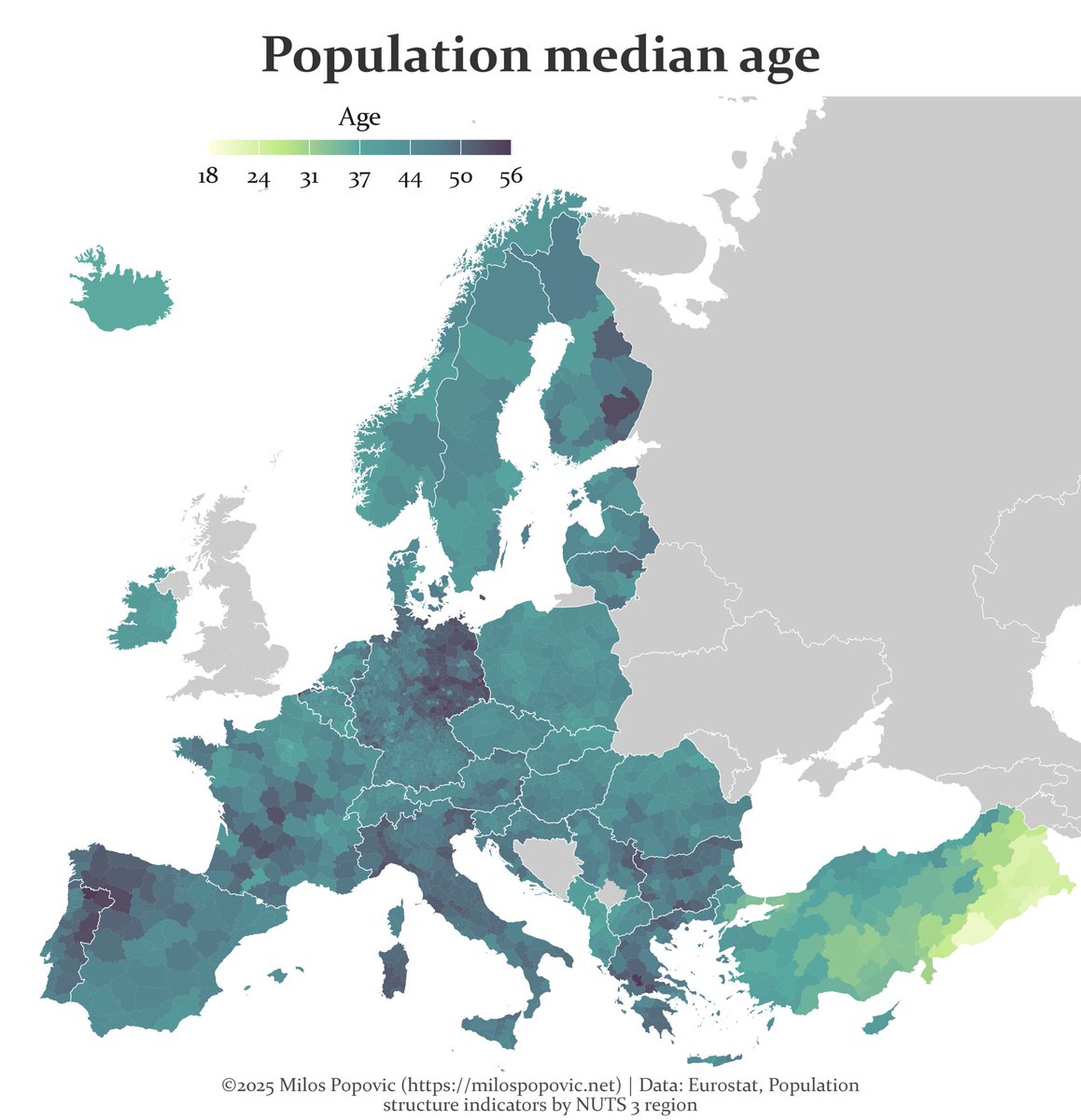 milosmakesmaps's tweet image. A map of Europe’s future is written in its age. Turns out Europe is called the &quot;old continent&quot; for a good reason

#Mapping #DataViz #Demography #GIS #Geospatial #Europe #Population #Rstats