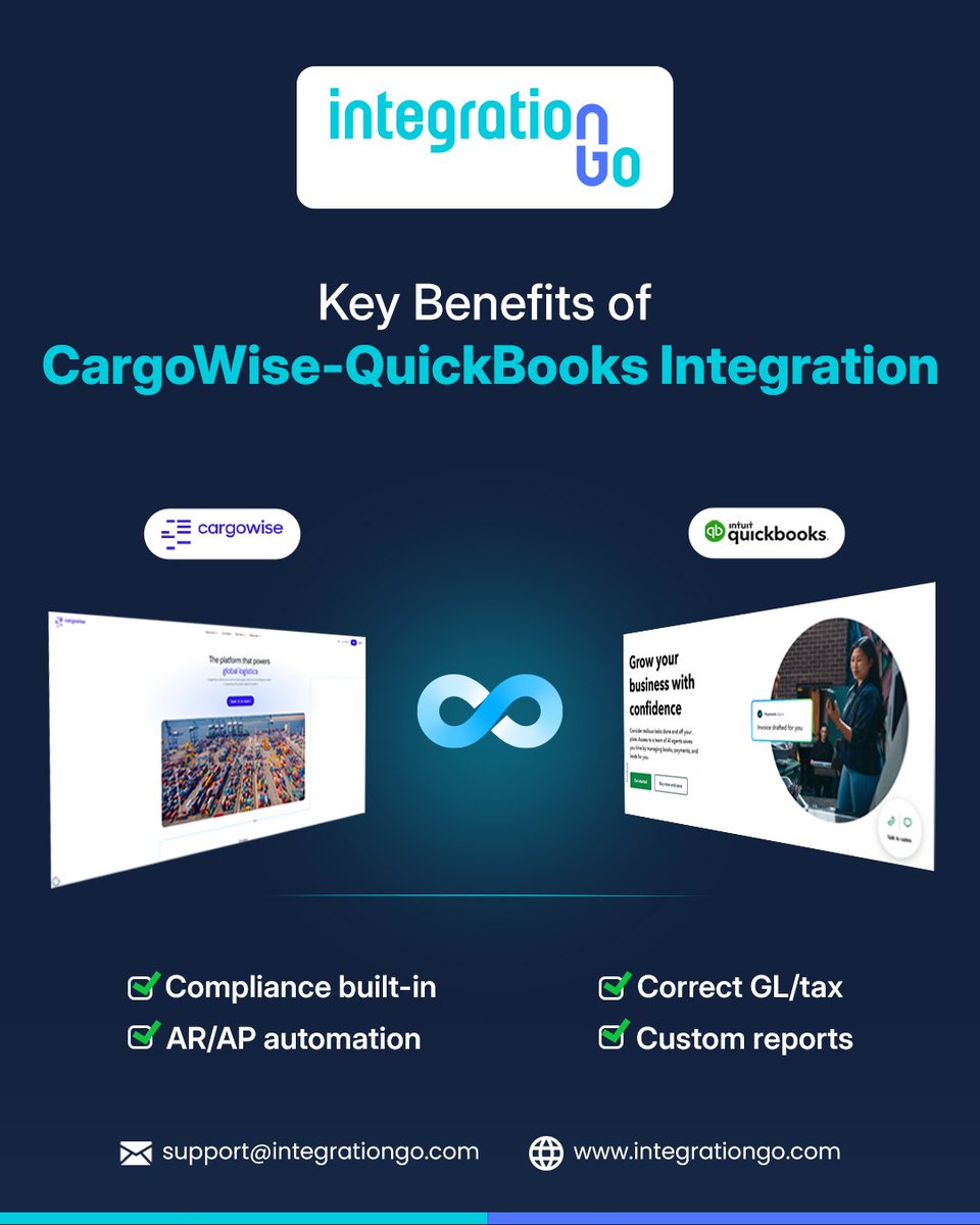 IntegrationGo_'s tweet image. Make CargoWise talk to QuickBooks—perfectly coded with IntegrationGo.

Read more: shorturl.at/8QVge

👉 Book a walkthrough: shorturl.at/1H0q3

#CargoWise #QuickBooks #ERPIntegration #ARAPAutomation #FinanceOps #GLMapping #TaxCompliance #MonthEndClose #IntegrationGo
