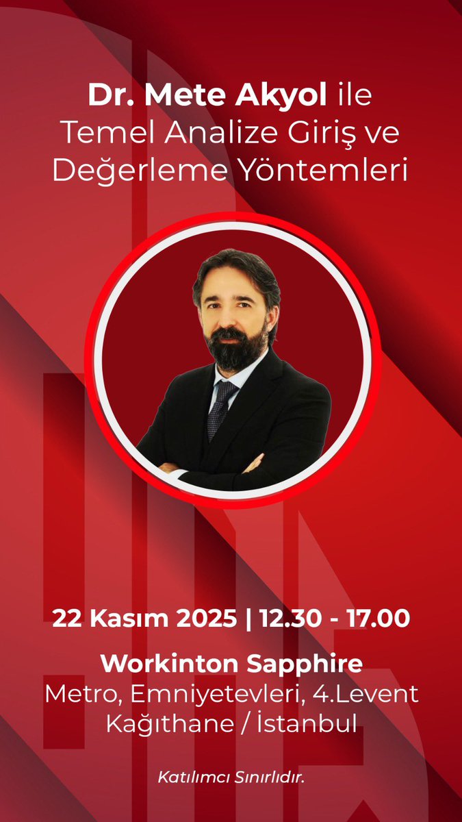 Günaydın…
marbas.com.tr/drmeteakyolegi…

Sevgili meslektaşlarım ve dostlarım… 
22 Kasım da İstanbul da <a href="/MARBAS_MENKUL/">Marbaş Menkul Değerler</a> kıymetler sponsorluğunda ücretsiz bir seminerim var. Katılımcılara kitabımı hediye edecek Marbaş. <a href="/MARBAS_MENKUL/">Marbaş Menkul Değerler</a> 
Bu eğitimde daha önce temel analiz içeriği dışında