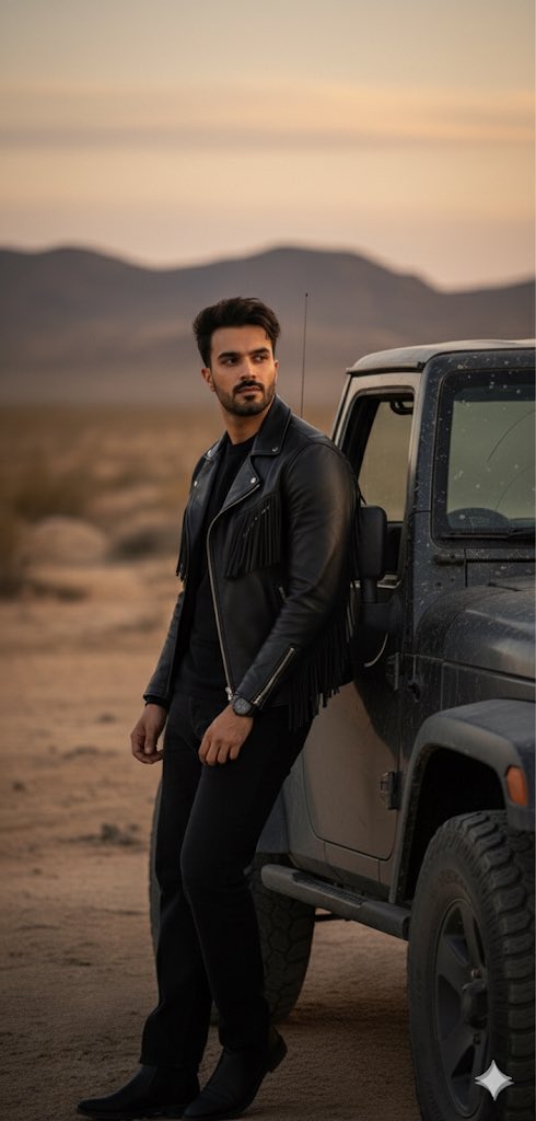 Prompt ⬇️ 

Create an Ultra-realistic, high-definition cinematic portrait of a person sitting on the hood of a rugged off-road vehicle in a dry, rocky desert landscape during golden hour. Use 100% same face and hair style as in uploaded image. They wear a stylish black leather