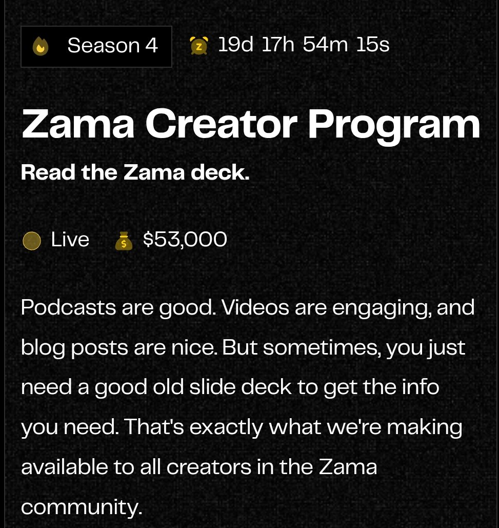 Deepak944978's tweet image. @zama Wow season 4 live 

1. Want exclusive access + merch + NFT Be part of Zama creator program monthly prize pool + OG-NFTs for top creators in their beta season Don’t miss out.

2. How it works - 
Join guild - guild.xyz/zama/creator-p…

3. Create original posts about Zama/FHE…