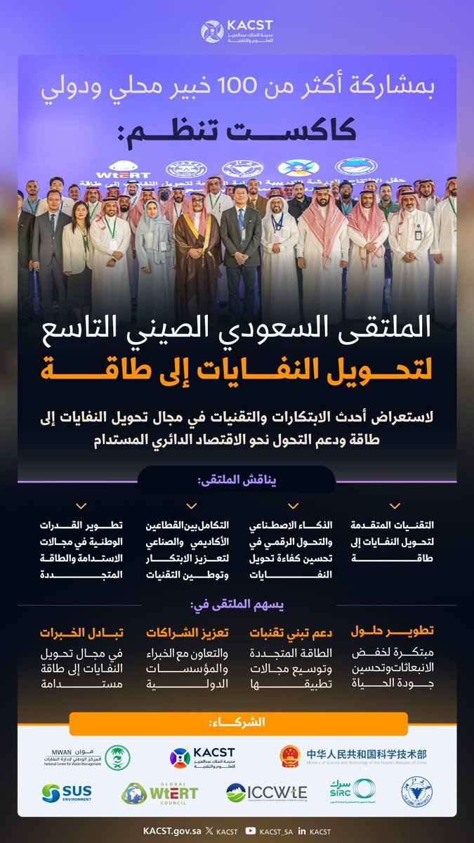 لصياغة مستقبل تتحول فيه النفايات إلى قيمة والطاقة إلى استدامة
#كاكست وجامعة تشجيانغ الصينية تنظمان الملتقى الدولي التاسع لتحويل النفايات إلى طاقة لاستعراض أحدث الابتكارات والتقنيات نحو بيئة وطاقة مستدامة تحقيقا لمستهدفات التطلعات والأولويات الوطنية للبحث والتطوير والابتكار .