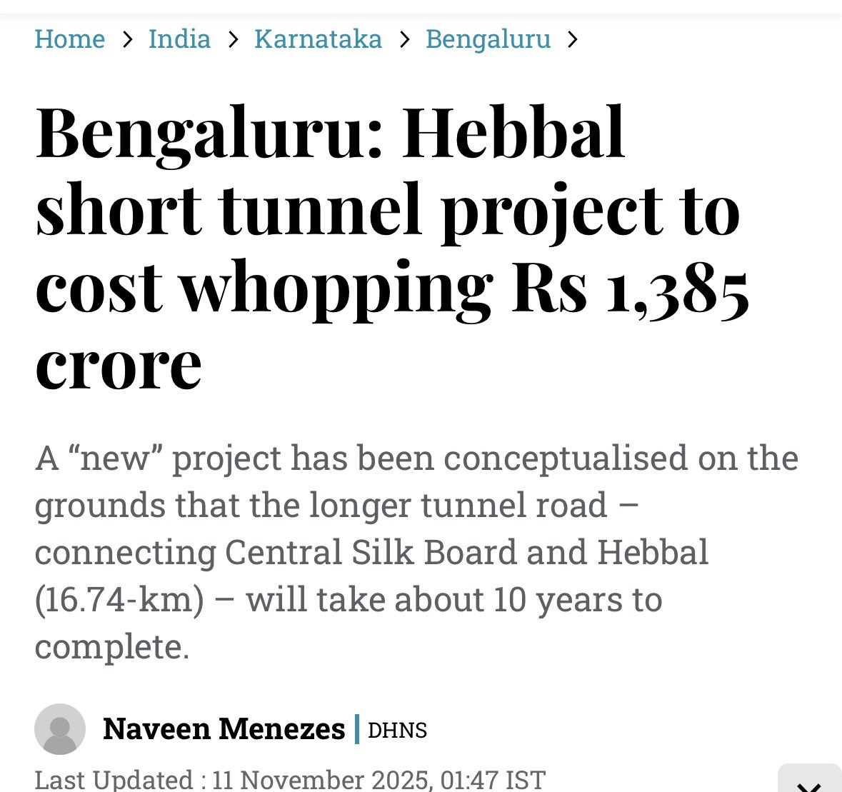 naveenmzs's tweet photo. Turns out the short tunnel at Hebbal was not a joke

Govt is serious and DPR pegs the 2.2-km project cost at Rs 1,385 crore

It cuts across Metro, railway and a lake buffer zone

End result: an even bigger traffic jam at the already-clogged Mehkri Circle.

https://t.co/7XLAuFi01g https://t.co/iWMIOszkAp