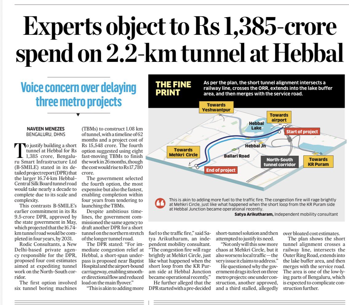 Turns out the short tunnel at Hebbal was not a joke

Govt is serious and DPR pegs the 2.2-km project cost at Rs 1,385 crore

It cuts across Metro, railway and a lake buffer zone

End result: an even bigger traffic jam at the already-clogged Mehkri Circle.

deccanherald.com/india/karnatak…