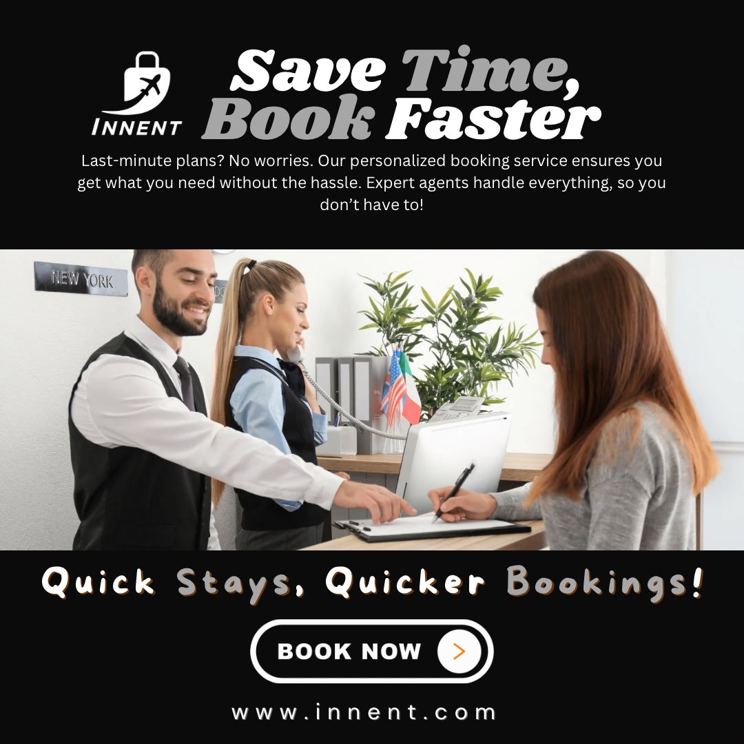 InnentInc's tweet photo. ✈️ Save time, book faster! Last-minute plans? No problem — we’ve got you covered. 🕒 Our expert agents make booking your next stay effortless, so you can focus on enjoying the journey. 🌍✨

#travelmadeeasy #smartbooking #hoteldeals #travelgoals #innent #bookfaster #wanderlust https://t.co/bldeSD7GRK