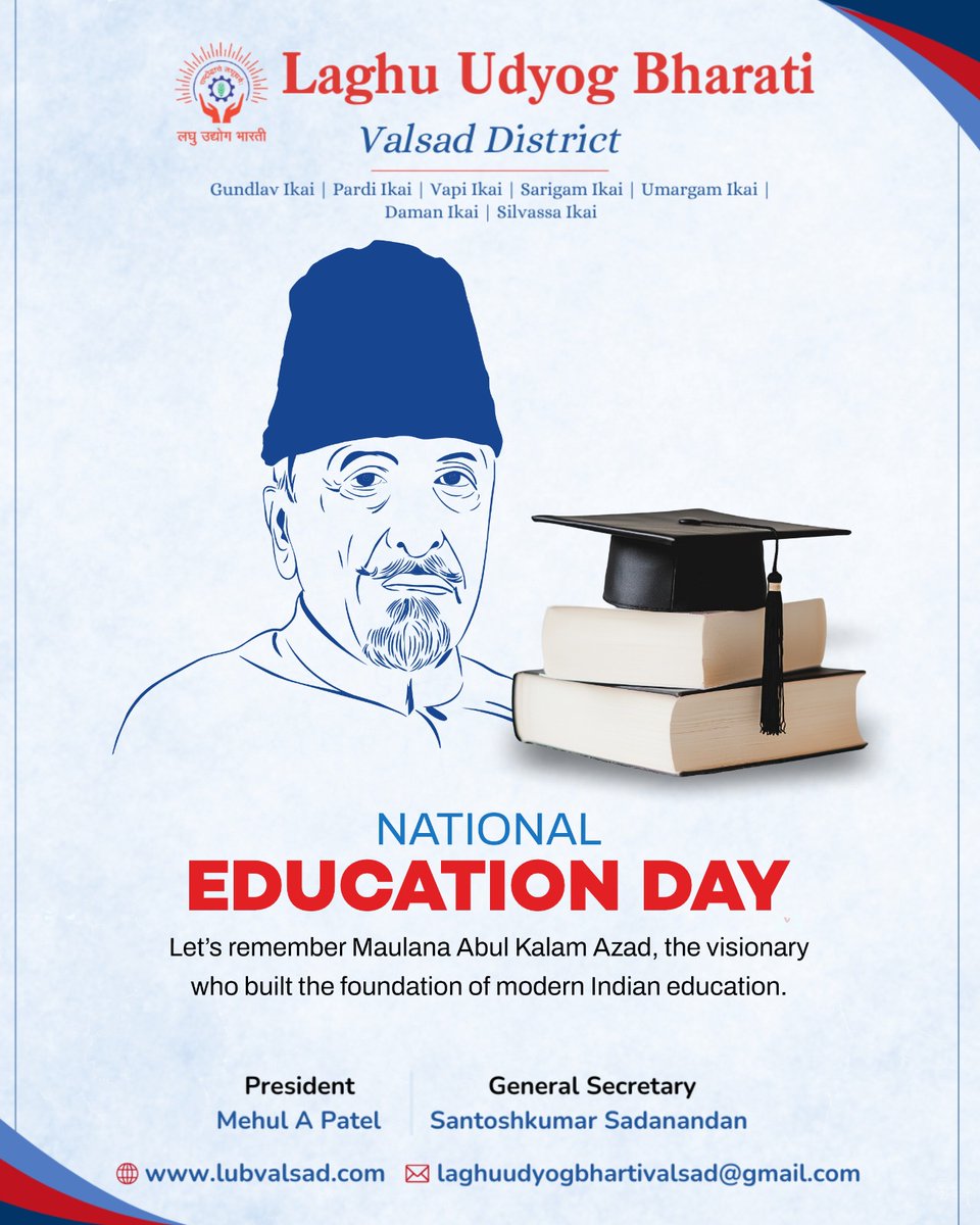 lub_valsad's tweet image. Education is the key to progress. 🔑
Remembering Maulana Abul Kalam Azad and his contribution to shaping India’s future. ✨

#EducationDay #KnowledgeForAll #LaghuUdyogBharati