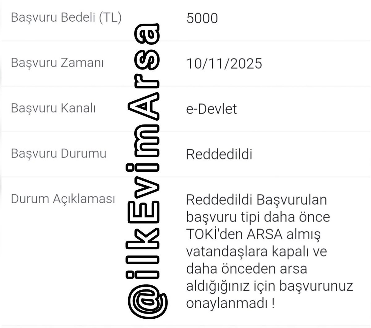 TOKİ’den arsa almak istemiş
fakat tam 3 yıldır arsalarını alamamış vatandaşlarımız,
şimdi “arsalarını aldıkları” gerekçesiyle reddedilenler listesinde…

İlk evim ilk arsa kampanyanızda mağdur ettiklerinize,
500 bin yeni mağdur daha ekleyecek gibisiniz Sayın <a href="/murat_kurum/">Murat KURUM</a>