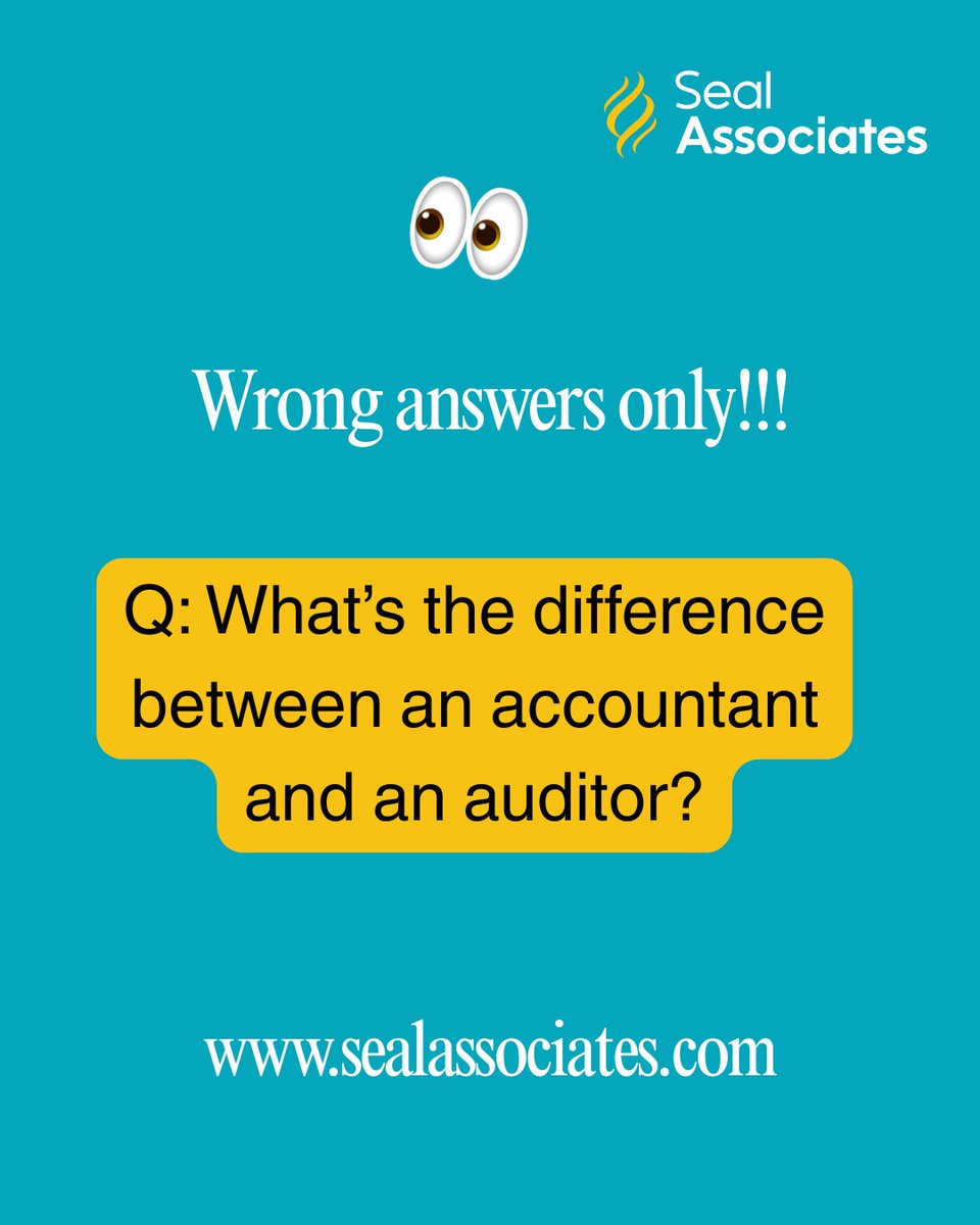 SealAssociates's tweet image. Accountants make the numbers dance.
Auditors show up to see who missed a step. 👀

What’s the difference between an accountant and an auditor? 🤔
(Wrong answers only 😜)

#AccountingHumor #FinanceFun #SealAssociates