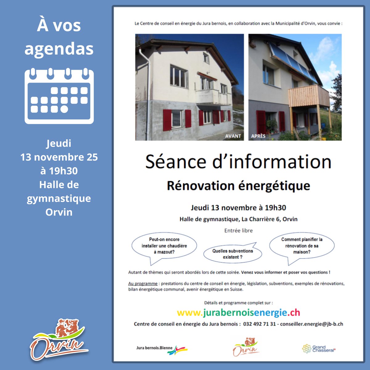 ➡️ 📷 INFORMATION OFFICIELLE - RÉNOVATION ÉNERGÉTIQUE 📷 Séance publique jeudi 13 novembre 25 à 19h30, Halle de gymnastique d’Orvin.   Aides, subventions, bilan énergétique et verrée conviviale.   #RénovationÉnergétique #TransitionÉnergétique