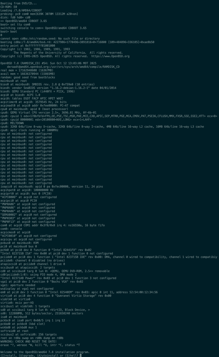 I just had my mind blown by the OpenBSD installer.

My setup: Headless QEMU, SSH access only, meaning a pure serial console install.

With most Linux distros, this is where the pain begins, if I ever even manage to go through this.

With OpenBSD? The one and only command I needed