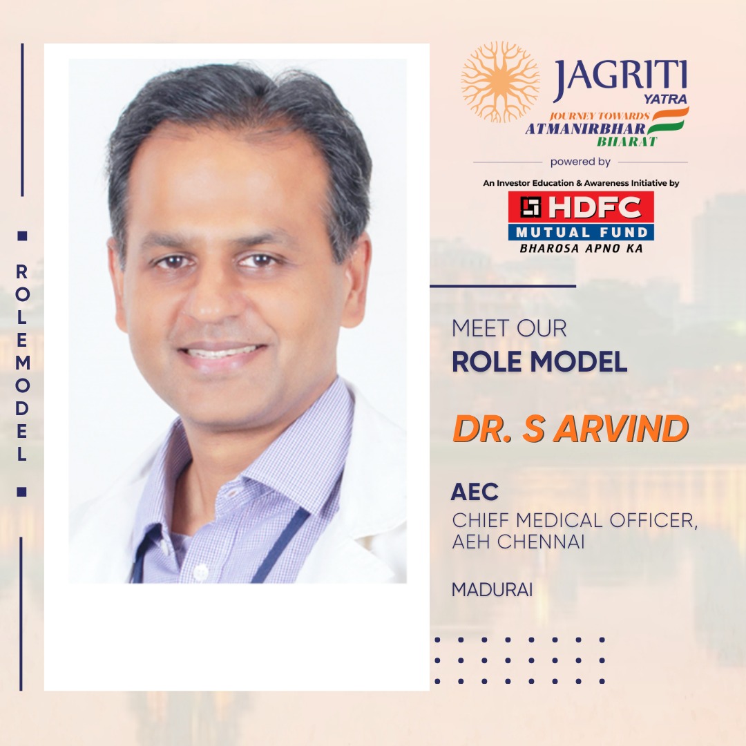 jagritiyatra's tweet image. Meet our Role Model – Dr. Aravind Srinivasan, CMO at Aravind Eye Care @aravindeyefoundation.

From Madurai to the world, 6+ crore patients, 78+ lakh surgeries. A vision that truly changed lives.
@hdfcmf 
#JagritiYatra #RoleModel #AravindEyeCare #SocialImpact  #Madurai