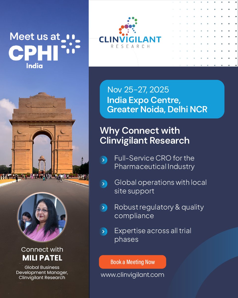 Clinvig's tweet photo. Clinvigilant Research is attending CPHI India 2025!
Let’s connect to explore how we can accelerate your drug development journey with confidence. Meet Mili Patel to explore collaboration opportunities.
Book now: https://t.co/PRhtgizMjO

#pharmaevent #cphievent #ClinicalTrials https://t.co/Qbess6DKe2