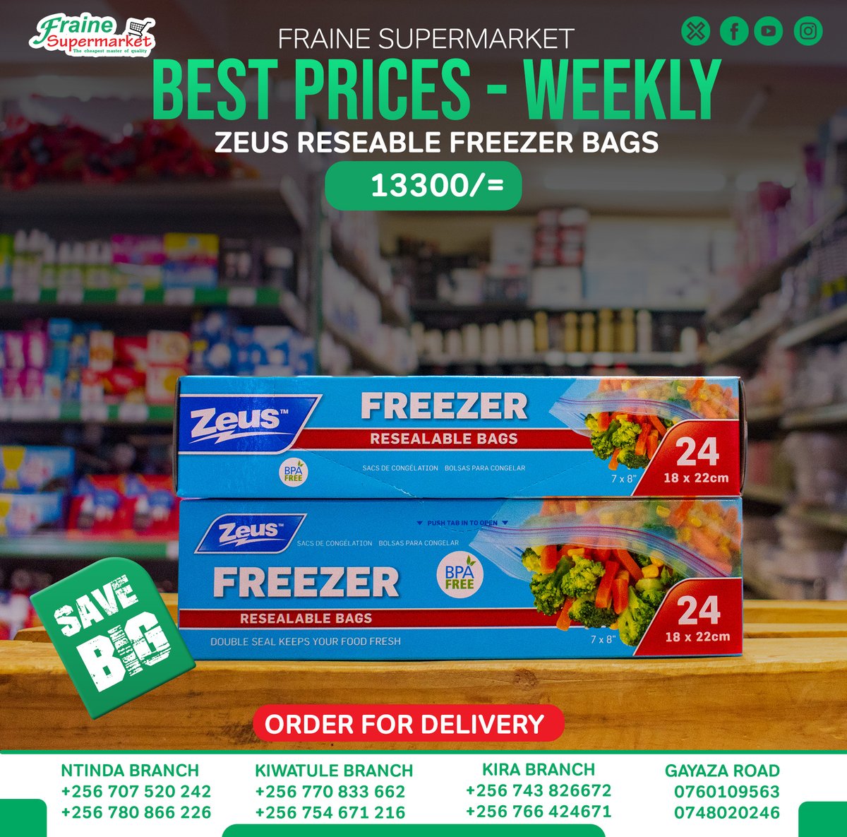 No more putting raw meat directly in the fridge! 🧊
Keep your fridge fresh and hygienic with Zeus Reusable Freezer Bags — they seal in freshness and block odors from spreading.

Get yours today at Fraine Supermarket for only UGX 13,300, and don’t forget to grab Zeus Baking Paper