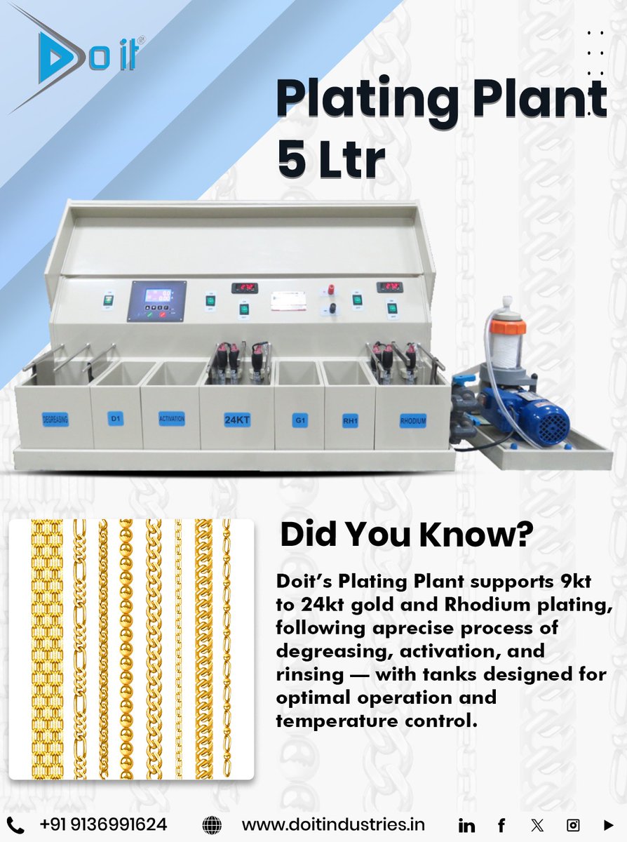 Doit_Industries's tweet image. Did You Know?
Doit’s Plating Plant 5 Ltr supports 9kt–24kt gold &amp;amp; Rhodium plating  ensuring perfect finish through degreasing, activation &amp;amp; rinsing with temperature control.

📞+91 9136991624 | 🌐 doitindustries.in

#DoitIndustries #PlatingPlant #JewelleryTech #GoldPlating