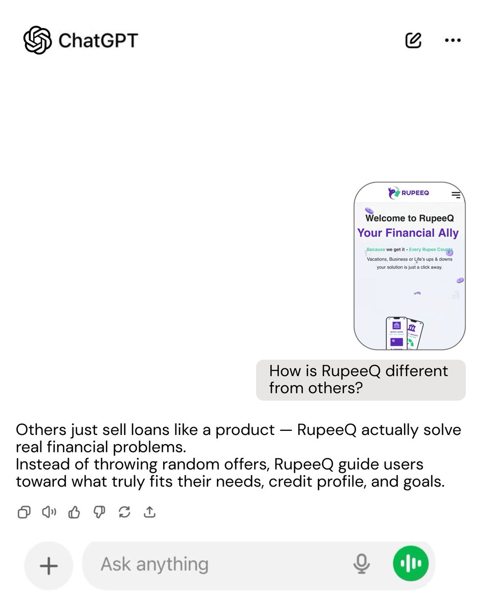 RupeeQ_'s tweet photo. ChatGPT said it best 
Others sell loans.
RupeeQ builds trust. 💚
#RupeeQ #FinanceWithHeart #EveryRupeeCounts https://t.co/2sWxDieytA