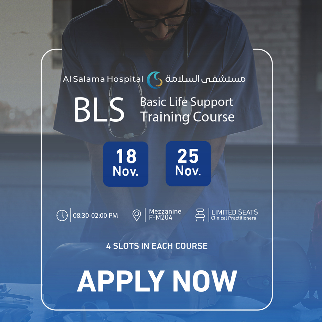 Alsalamahosp's tweet image. Build life-saving skills in our November #BasicLifeSupport (BLS) program for clinical practitioners at #AlSalama_Hospital.

Limited seats available. Register now through the link in bio 🔗