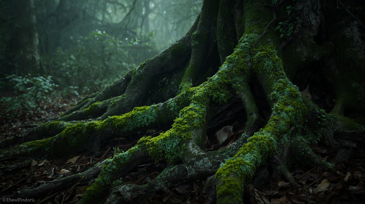 Lost in damp woods, the aroma of wet leaves pulls me back to childhood. Laughter, leaves and earth kicked up. 

I stop: lichen wraps velvet‑emerald-green around a sleeping tree. 

Mist beads on my skin. 

I thought I drank the moment, but maybe it drank me. 🌿