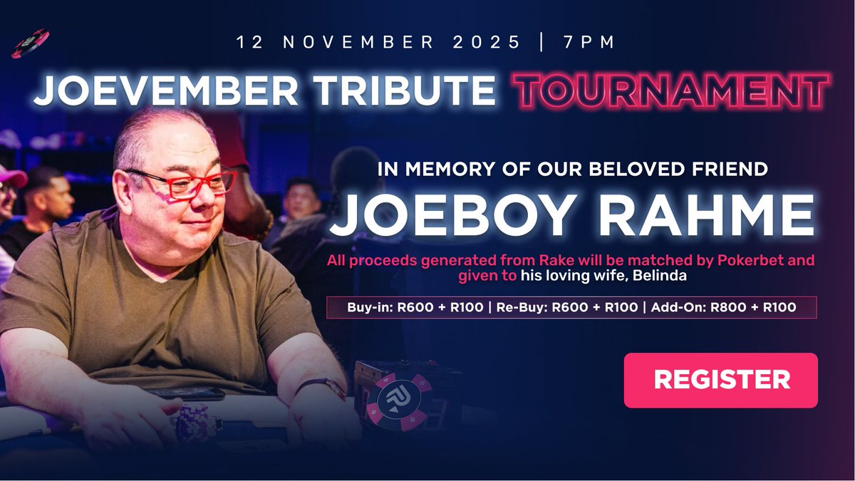 🕯️ Join us this Wednesday as we honour the memory of the late Joeboy Rahme, who sadly passed away last week. 💔

🫶 All proceeds generated from Rake will be matched by Pokerbet and donated to his loving wife, Belinda.

❤️ Satellites will run in the lead-up to the R100K GTD