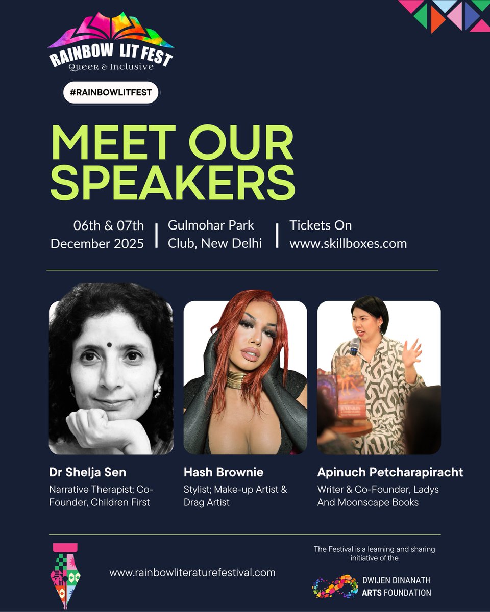RainbowLitFest's tweet image. 🌈 Three voices. Infinite expression.
Dr. Shelja Sen, Hash Brownie &amp;amp; Apinuch Petcharapiracht.
Live at #RainbowLitFest – Queer &amp;amp; Inclusive 2025 🌈

📍 Gulmohar Park Club, New Delhi
📅 6–7 Dec | 🎟 Skillboxes.com

#QueerAndInclusive #LGBTQIAIndia #QueerVoices