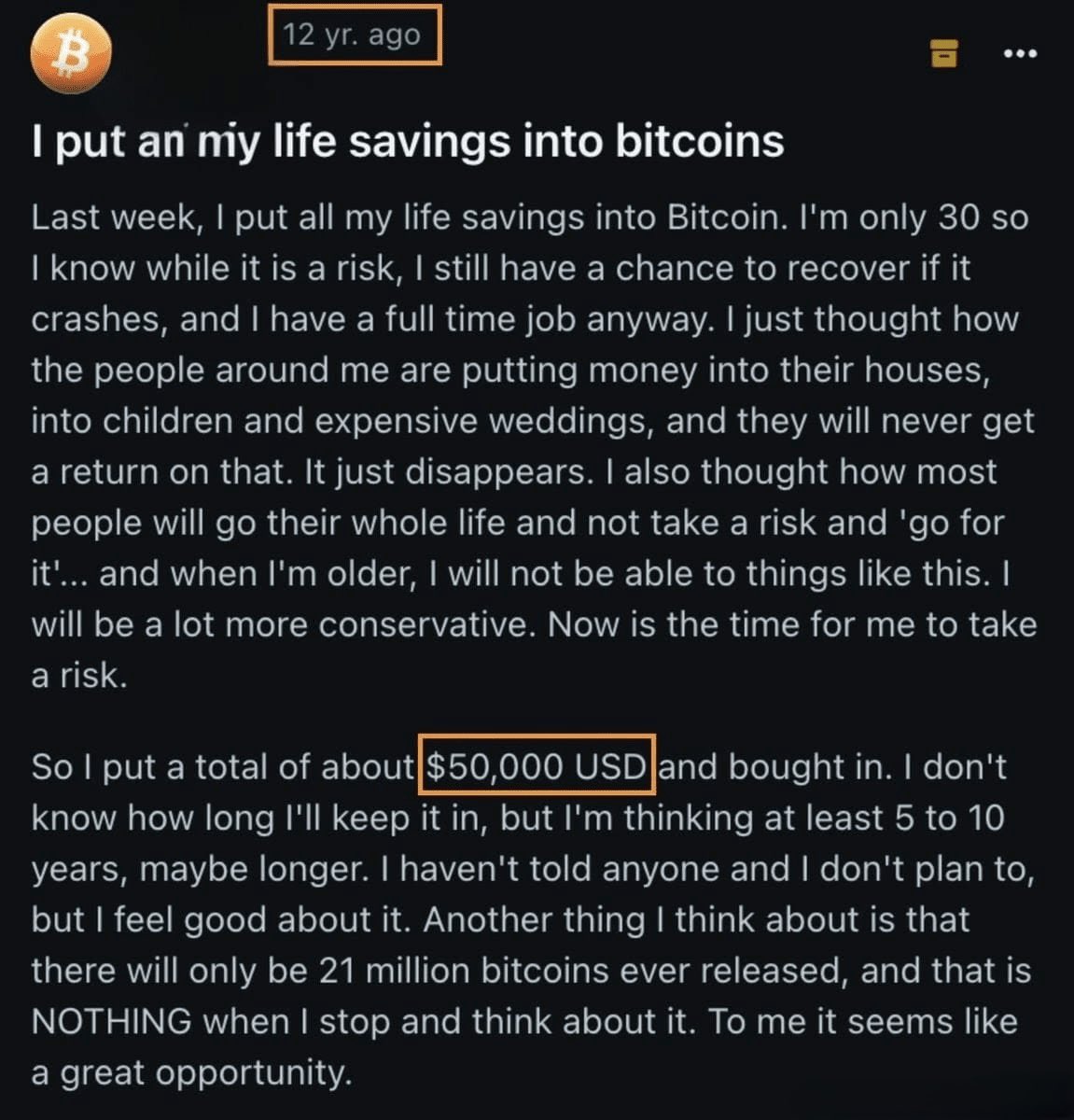 12 years ago, this guy bought $50,000 worth of #Bitcoin.

Back then, each Bitcoin was worth just $100.

Today, his $50,000 $BTC purchase is worth over $50 million.

What a legend! 🫡