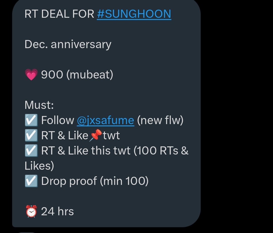 SunghoonTeam's tweet photo. RT DEAL FOR #SUNGHOON
Dec. anniversary
💗 900 (mubeat)

Must:
✅ Follow @jxsafume (new flw)
✅ RT &amp; Like 📌twt
✅ RT &amp; Like this twt (100 RTs &amp; Likes)
✅ Drop proof (min 100)

⏰ 24 hrs https://t.co/VKtEFK8Mur