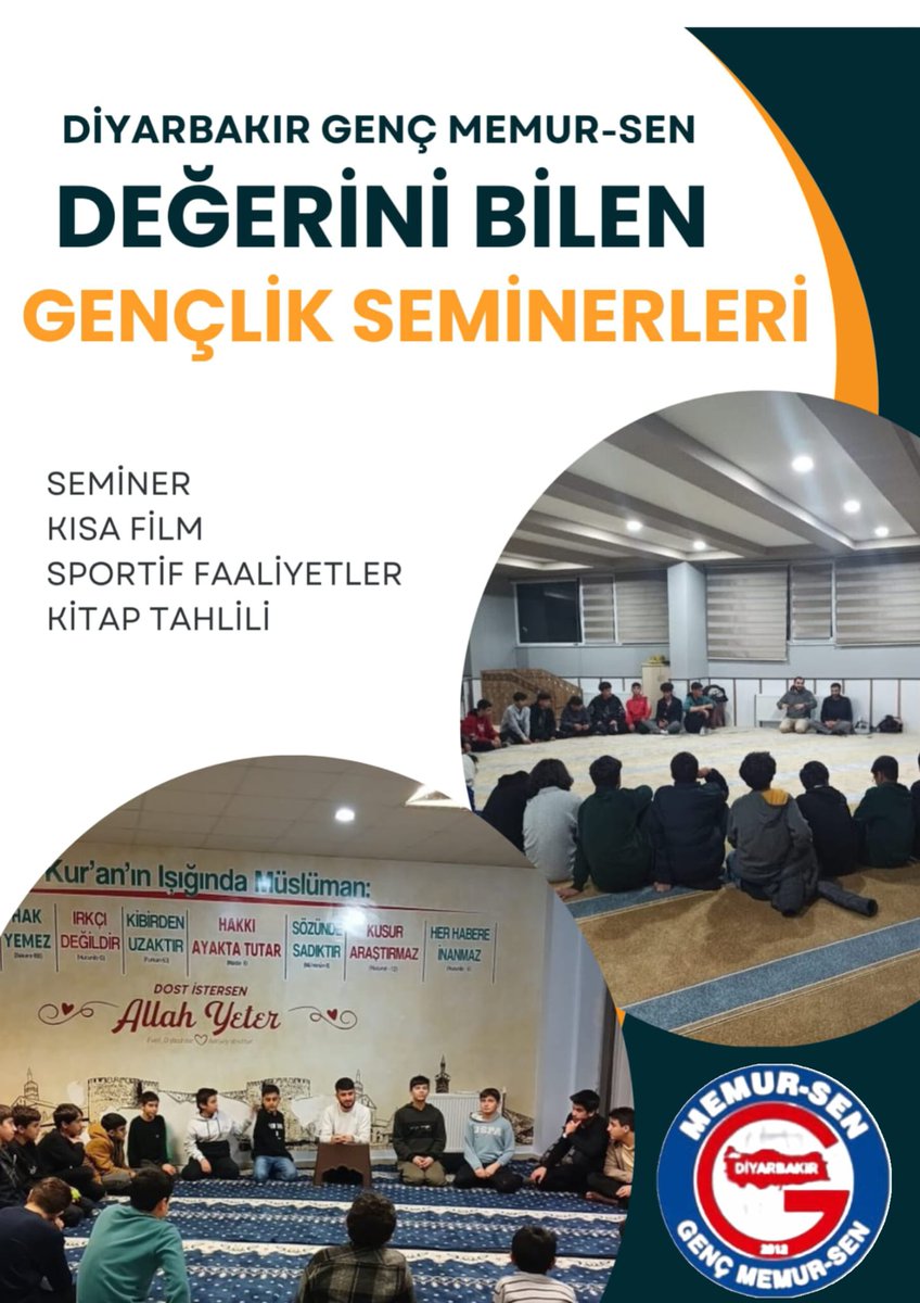 Diyarbakır Genç Memur-Sen olarak lise pansiyonlarında geçen yıl başlattığımız “Değerini Bilen Gençlik"  seminerleri bu yıl da devam ediyor!

Değerlerini bilen, potansiyelini fark eden, geleceğini bilinçle inşa eden bir nesil için yola çıkıyoruz.
<a href="/dbakirvalilik/">T.C. Diyarbakır Valiliği</a>
<a href="/Diyarbakirmem/">Diyarbakır İl Millî Eğitim Müdürlüğü</a>