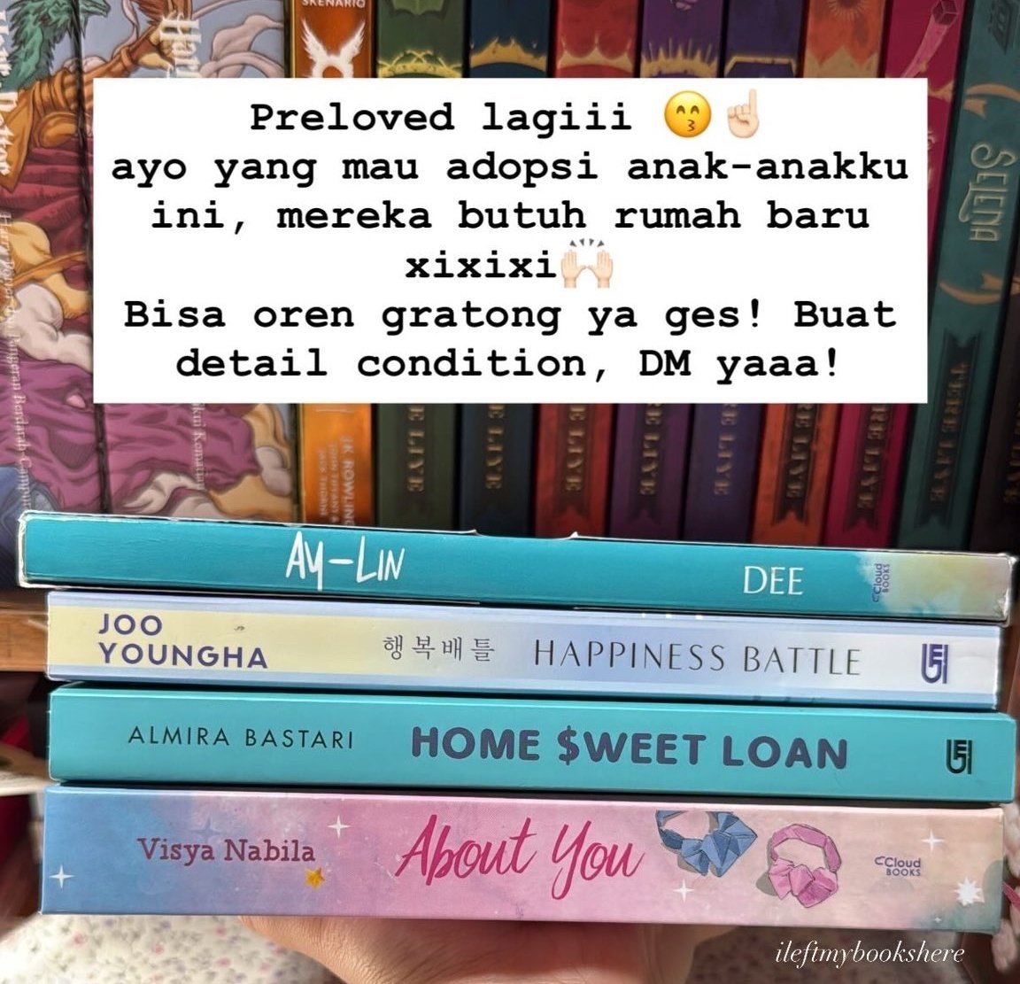ileftmybooks_'s tweet image. Ayo jajan preloved-ku ges, mumpung 11.11 nih 🤩✨️

• Ay-Lin (40K)
• Happiness Battle (60K)
• Home Sweet Loan (60K)
• About You (HC Langka - 85K)

#zonauang #prelovedbooks