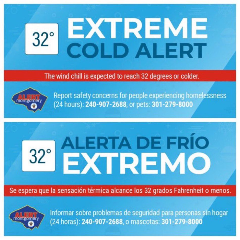 mcfrsPIO's tweet image. An Extreme Cold Alert has been issued for Montgomery County from 5 PM Mon, 11/10 to 1 PM Tues, 11/11. Expect the wind chill below 32 degrees F. Wear layers if you go outside. Take extra precautions if you spend significant time outdoors. More info: bit.ly/2JdmQ3C #MdWx