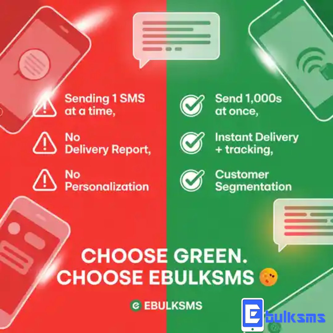 EBulksms's tweet image. Red flags: manual Sending 1 SMS at a time, impersonal SMS 😩🚩 
 Green flags: 50,000 messages in one click, tracking &amp;amp; personalization 😎✅ Choose smart, choose EBulkSMS 💚

ebulksms.com/signup?ref=bgn…
#EBulkSMS Rich in Relationships #BusinessGrowth Esther Okoronkwo #MarketingTips