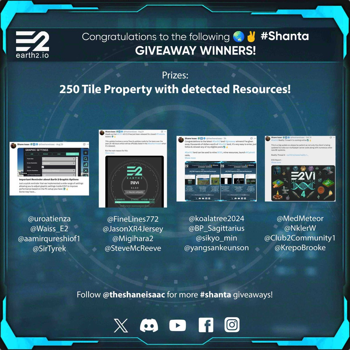 Congratulations to the latest #Earth2 land #giveaway winners! I've given away thousands of dollars worth of #Earth2 land, it's very easy to enter, just follow &amp; retweet any of my eligible posts🌍✌️

#Earth2 land can be used to mine $ESS, mine resources, launch #Cydroid raids,