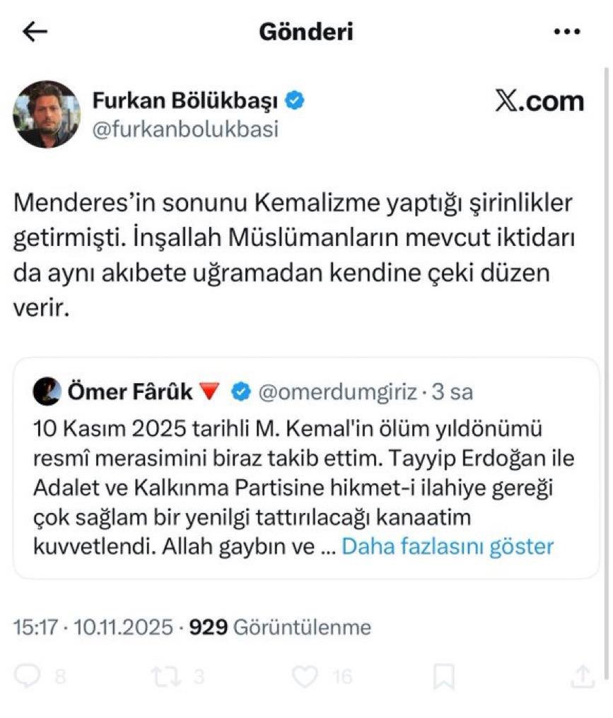 İstanbul Anadolu Cumhuriyet Başsavcılığı, Cumhurbaşkanı’na yönelik paylaşım yapan Furkan Bölükbaşı hakkında resen soruşturması başlattı.

Şüpheli şahsın gözaltına alındığı ve soruşturmanın titizlikle sürdüğü bildirildi.
